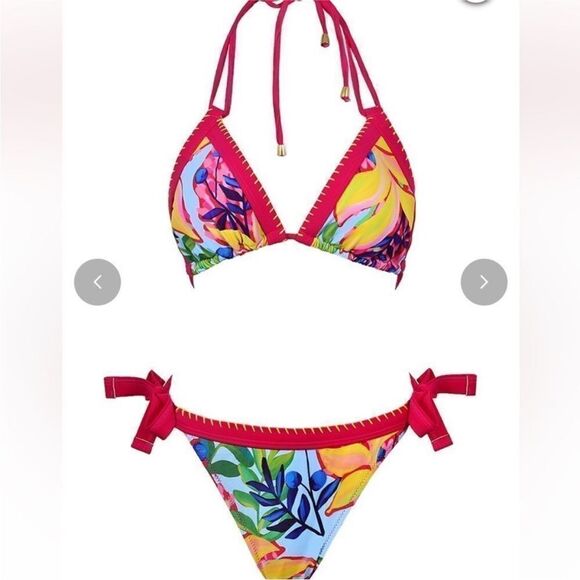 NWT KAMONI TROPICAL PRINT HALTER NECK SIDE TIE LOW RISE MICRO BIKINI LARGE - Picture 4 of 12